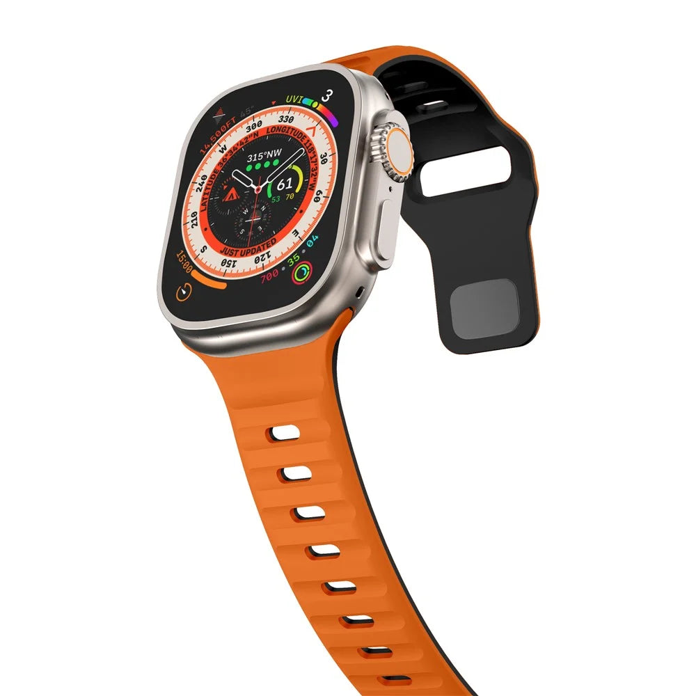For Apple Watch Ultra 3 2 1 49mm / Series 11 10 46mm / 9 8 7 45mm / SE3 SE2 SE 6 5 4 44mm / 3 2 1 42mm Dual-Color Silicone Strap - Orange+Black - 4