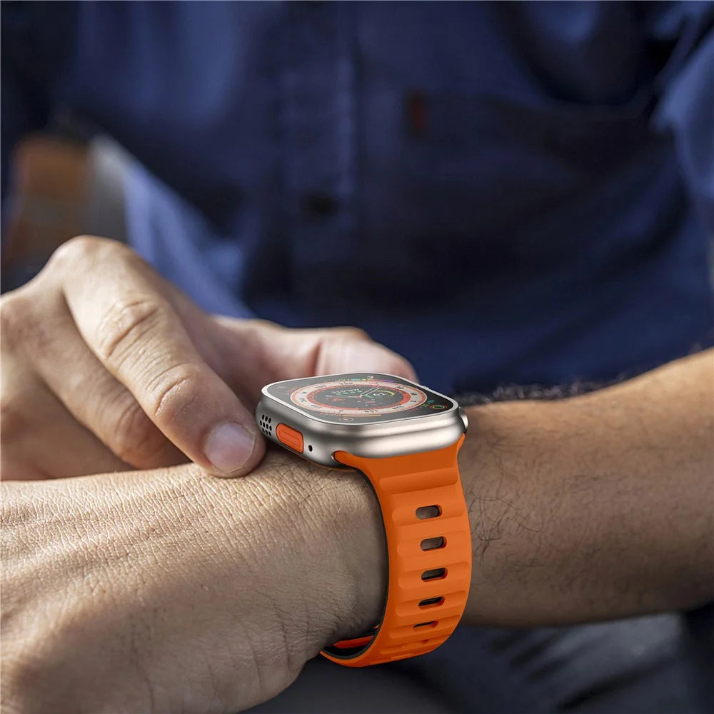 For Apple Watch Ultra 3 2 1 49mm / Series 11 10 46mm / 9 8 7 45mm / SE3 SE2 SE 6 5 4 44mm / 3 2 1 42mm Dual-Color Silicone Strap - Orange+Black - 6