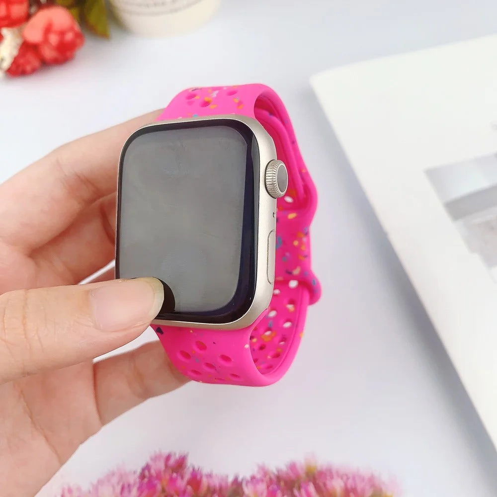 For Apple Watch Ultra 3 2 1 49mm / Series 11 10 46mm / 9 8 7 45mm / SE3 SE2 SE 6 5 4 44mm / 3 2 1 42mm Confetti Decor Silicone Strap - Deep Pink - 4