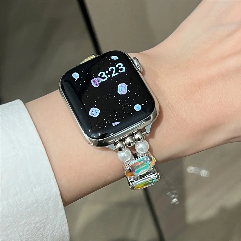 Watch Strap for Apple Watch Ultra 3 2 1 49mm / Series 11 10 46mm / 9 8 7 45mm / SE3 SE2 SE 6 5 4 44mm / 3 2 1 42mm - Elastic Style / Laser Gem+White Pearl - 7