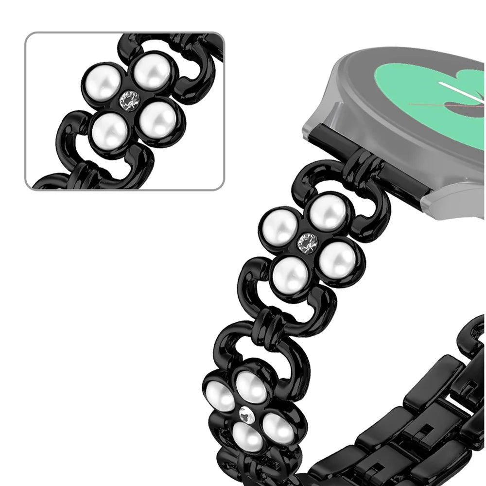 For Huami Amazfit Bip 1S Anti-Wear Strap Pearl Decor Four Leaf Clover Stainless Steel Watch Band - Black - 2