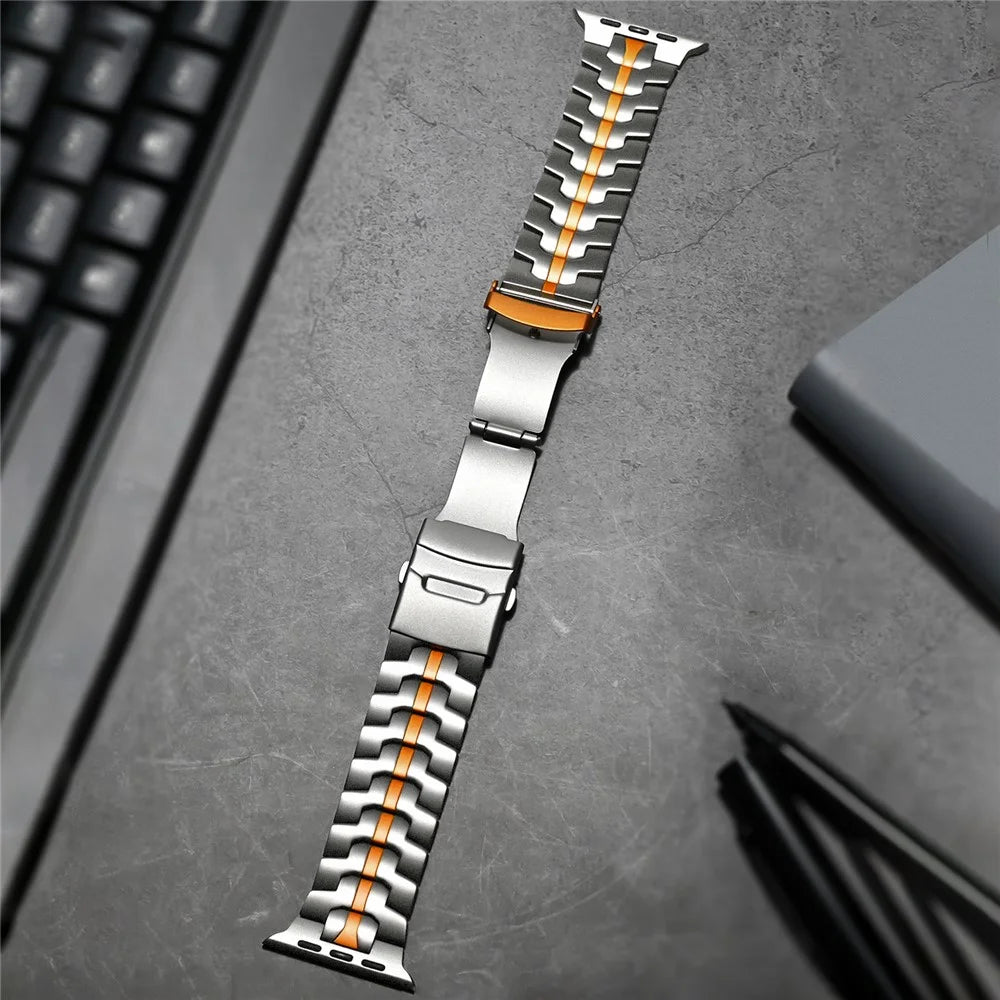For Apple Watch Ultra 3 2 1 49mm / Series 11 10 46mm / 9 8 7 45mm / SE3 SE2 SE 6 5 4 44mm / 3 2 1 42mm Titanium Steel Wrist Strap - Titanium+Orange - 3