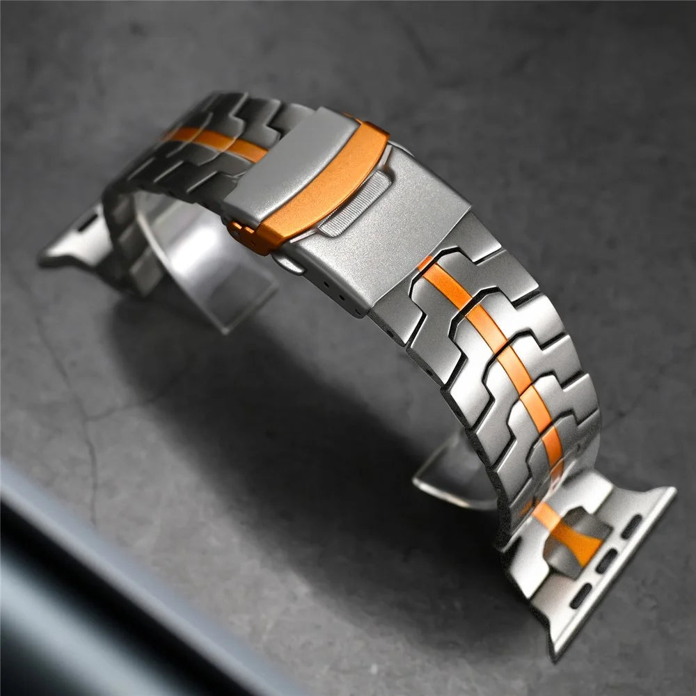 For Apple Watch Ultra 3 2 1 49mm / Series 11 10 46mm / 9 8 7 45mm / SE3 SE2 SE 6 5 4 44mm / 3 2 1 42mm Titanium Steel Wrist Strap - Titanium+Orange - 4