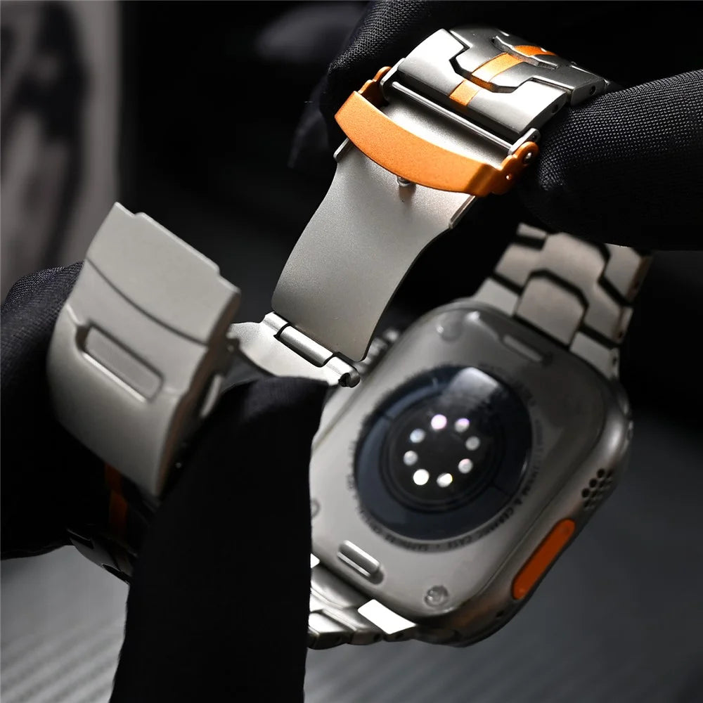 For Apple Watch Ultra 3 2 1 49mm / Series 11 10 46mm / 9 8 7 45mm / SE3 SE2 SE 6 5 4 44mm / 3 2 1 42mm Titanium Steel Wrist Strap - Titanium+Orange - 5