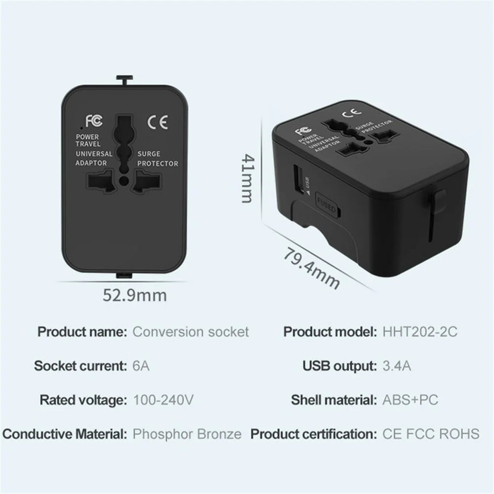 HHT202-2C 1xUSB+2x Type-C Charging Adapter Travel Universal Charger Converter - Black - 7