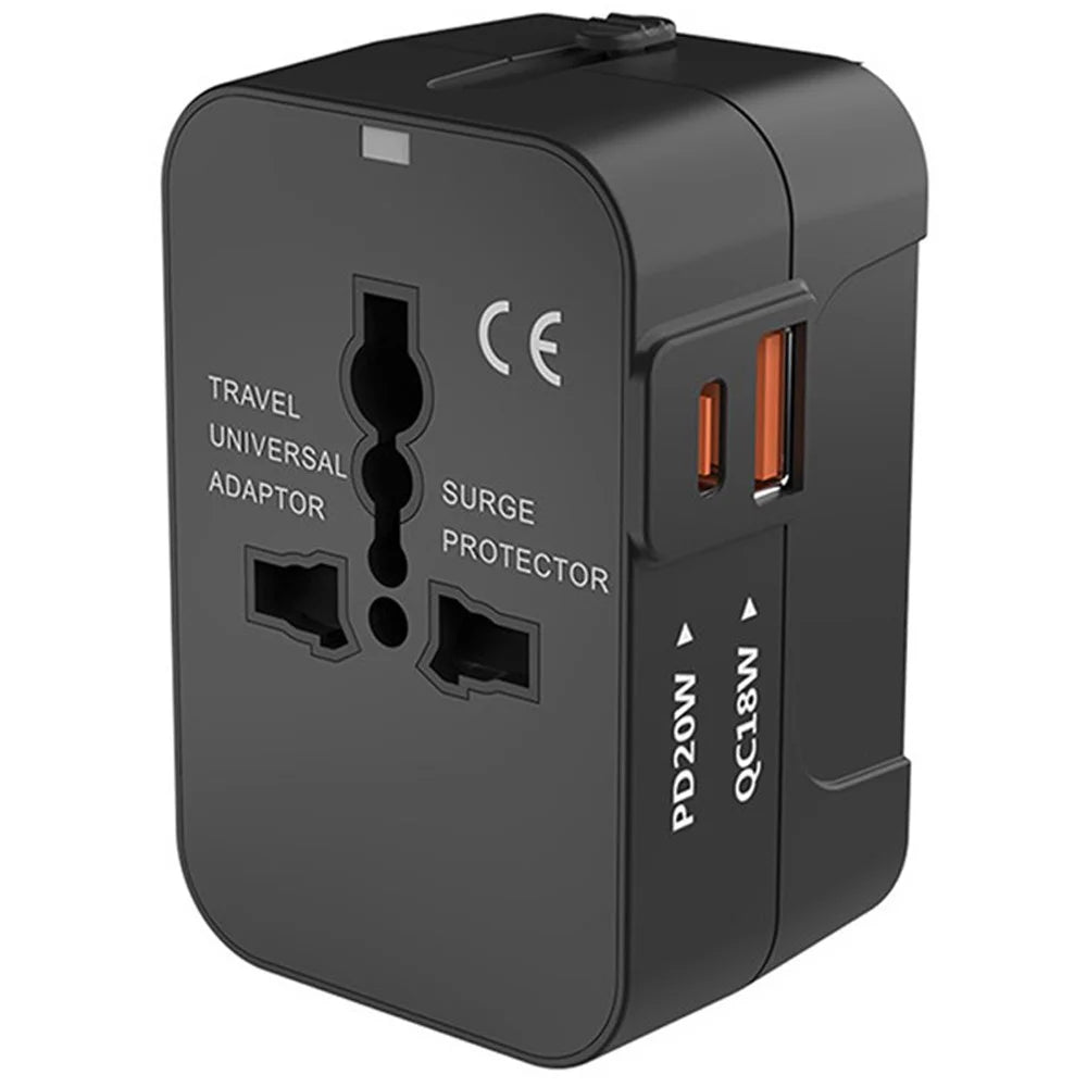 HH202-PD Universal Travel Charge Adapter Wall Plug with PD 20W Type-C + QC 18W USB - Black - 1