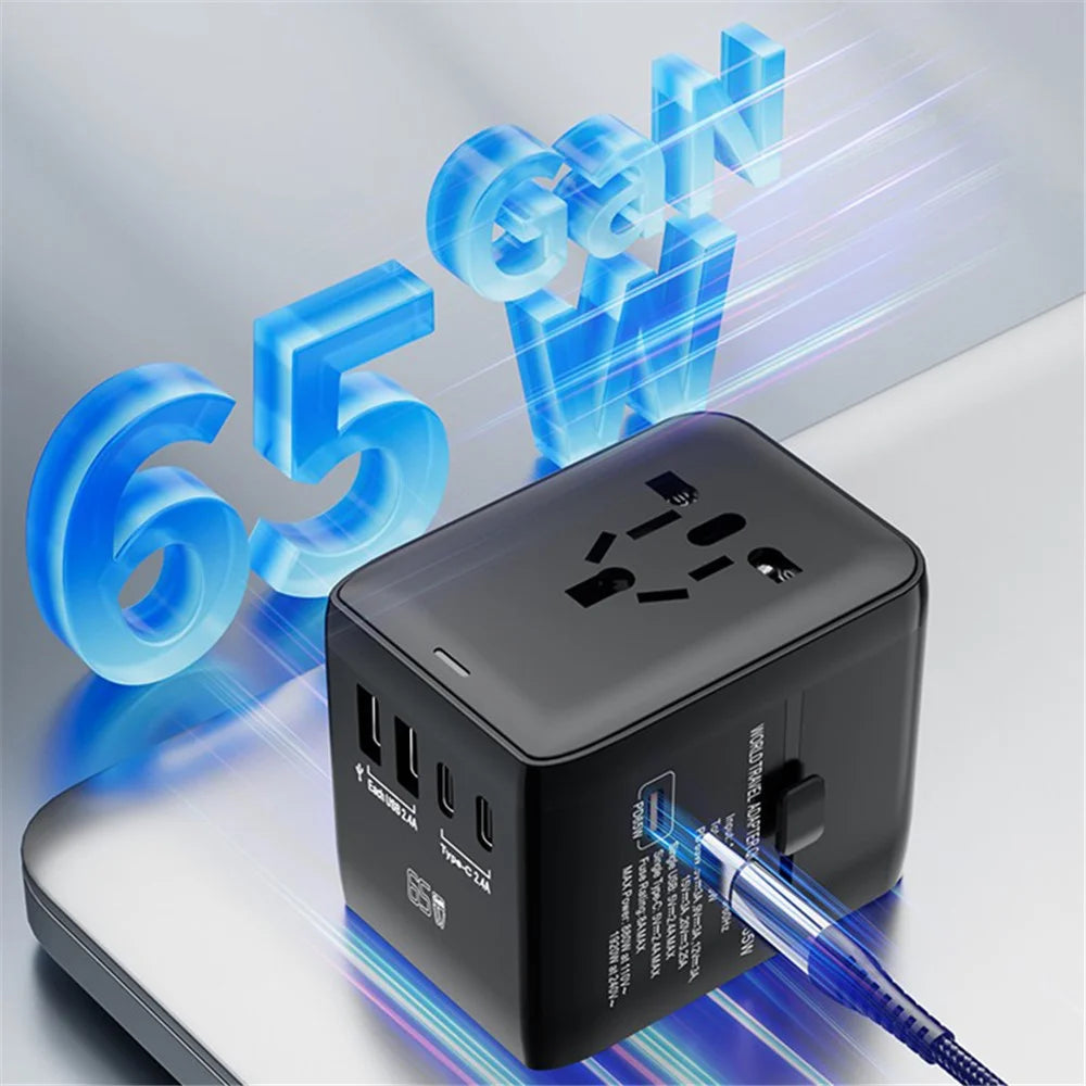 HHT901A Worldwide Travel Charge GaN Adapter Wall Plug PD 65W Fast Charging Plug Converter - Black - 3