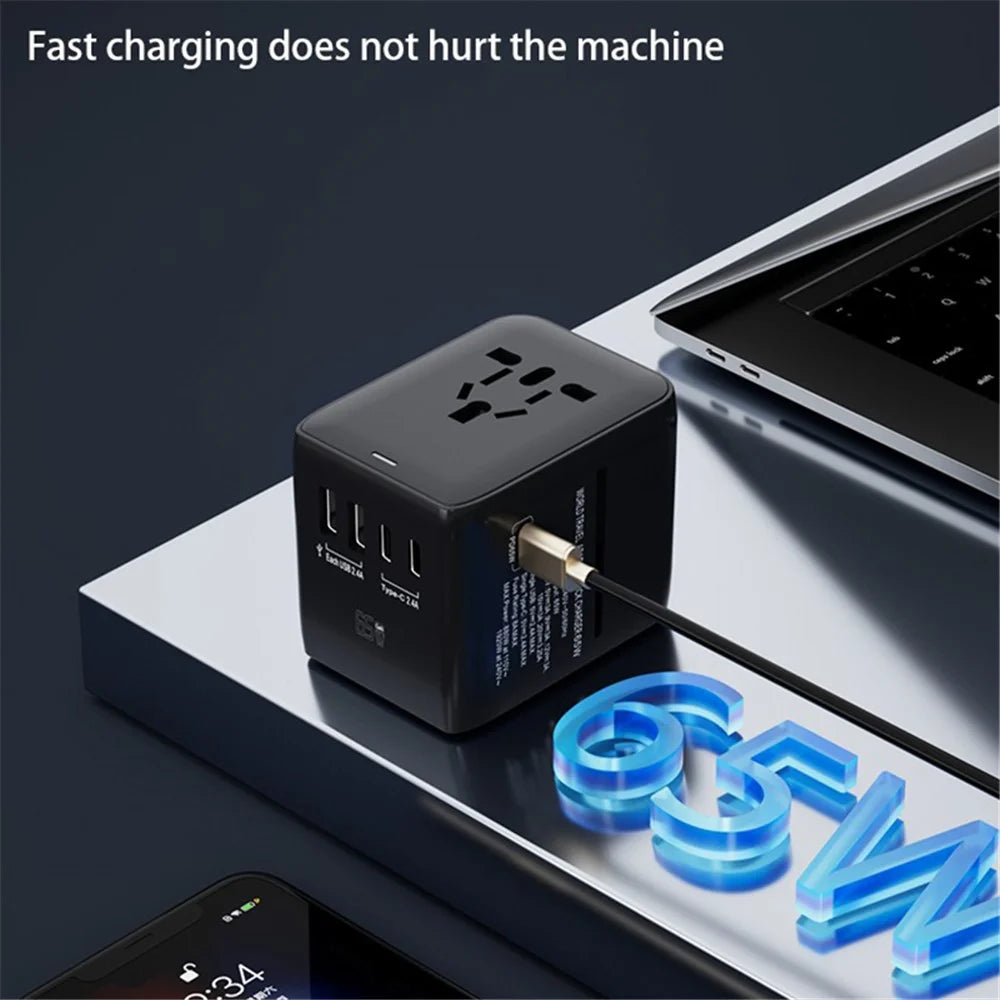 HHT901A Worldwide Travel Charge GaN Adapter Wall Plug PD 65W Fast Charging Plug Converter - Black - 4