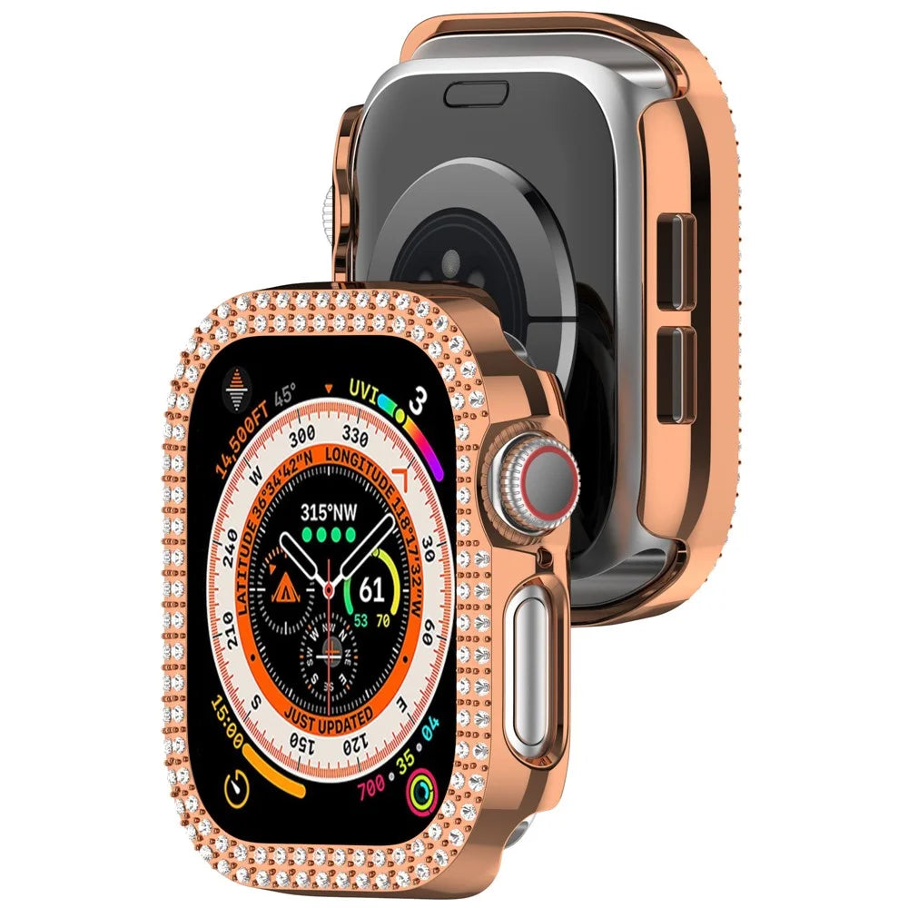 For Apple Watch Series 11 / 10 42mm Double Row Rhinestone Decor Hollow-Out Cover PC Watch Frame Case - Rose Gold - 6