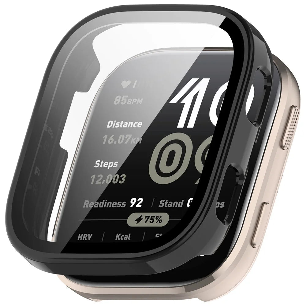 For Huami Amazfit Bip 6 (A2435) Watch Case PC Frame Cover with Tempered Glass Screen Film - Glossy Black - 1