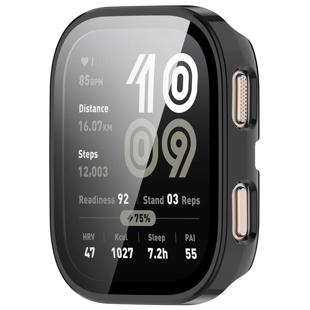For Huami Amazfit Bip 6 (A2435) Watch Case PC Frame Cover with Tempered Glass Screen Film - Glossy Black - 2
