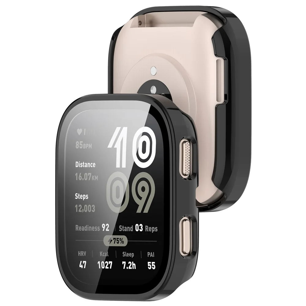 For Huami Amazfit Bip 6 (A2435) Watch Case PC Frame Cover with Tempered Glass Screen Film - Glossy Black - 3