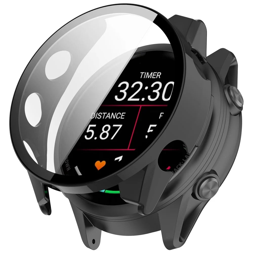 WANLONFENG For Garmin Forerunner 570 47mm Watch Case  PC Frame Cover with Tempered Glass Screen Protector - Black - 1
