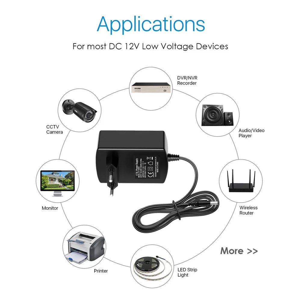 ZOSI DC 12V 2A 2000mA Power Supply Adapter for CCTV Security Camera Surveillance System - EU Plug - 5
