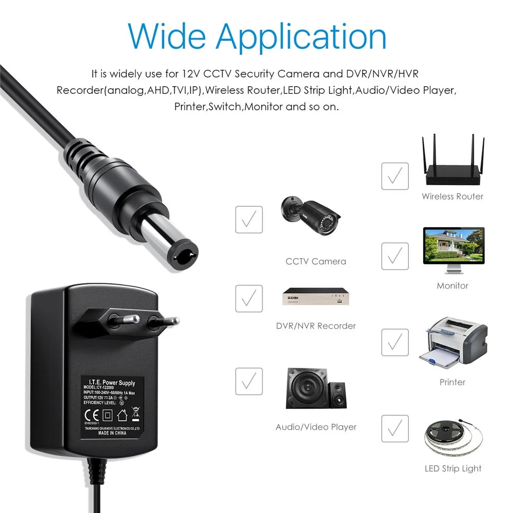 ZOSI DC 12V 3A 3000mA Power Supply Adapter for CCTV Security Camera Surveillance System Home Use - EU Plug - 5