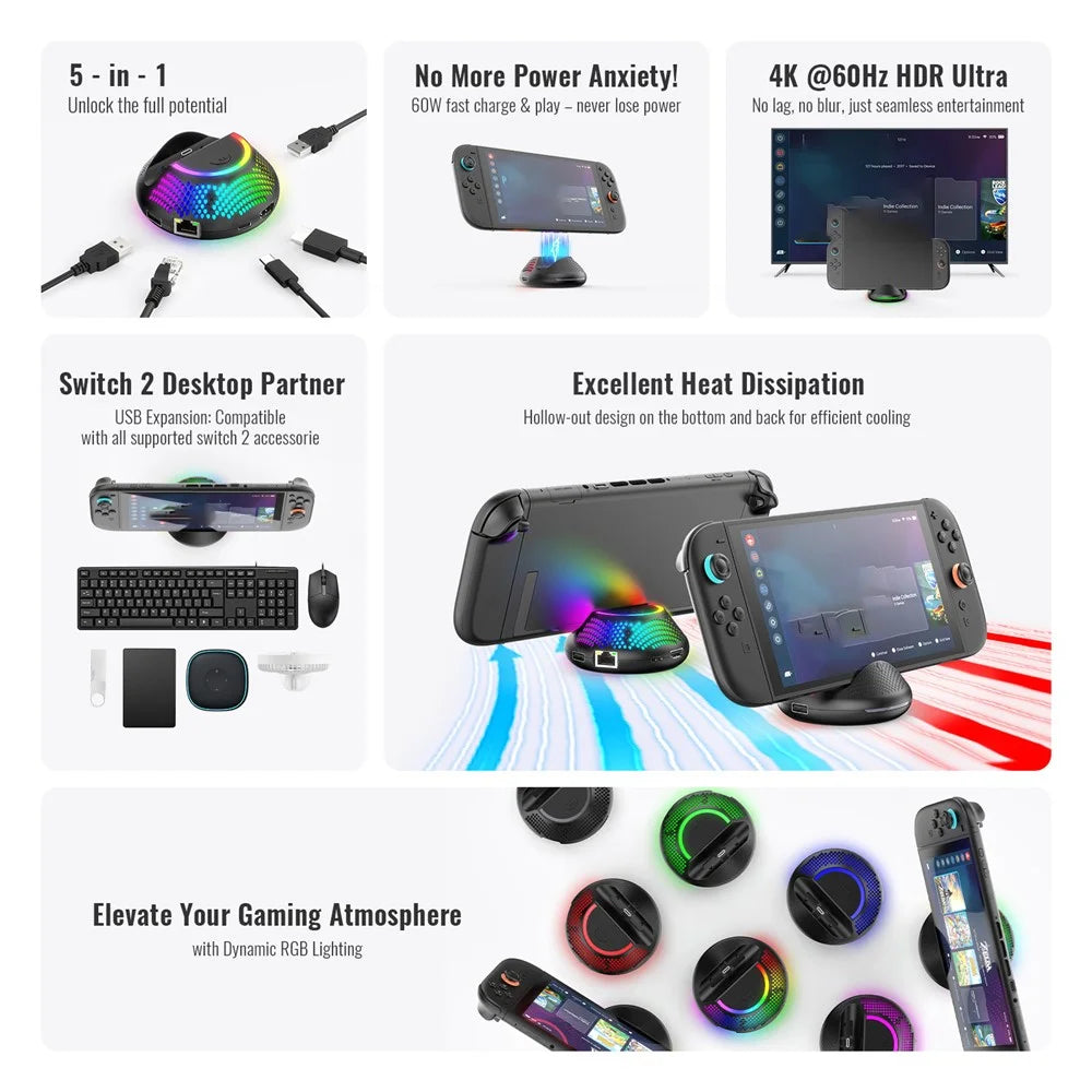 JYS-NS2289 For Nintendo Switch 2 Portable TV Dock Video Converter Stand with Gigabit Ethernet Port and RGB Ambient Light - 3