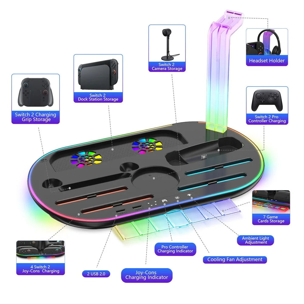 JYS JYS-NS2322 For Nintendo Switch 2 Cooling Dock Controller Charging Station Game Card Headset Holder with RGB Light - Black - 5