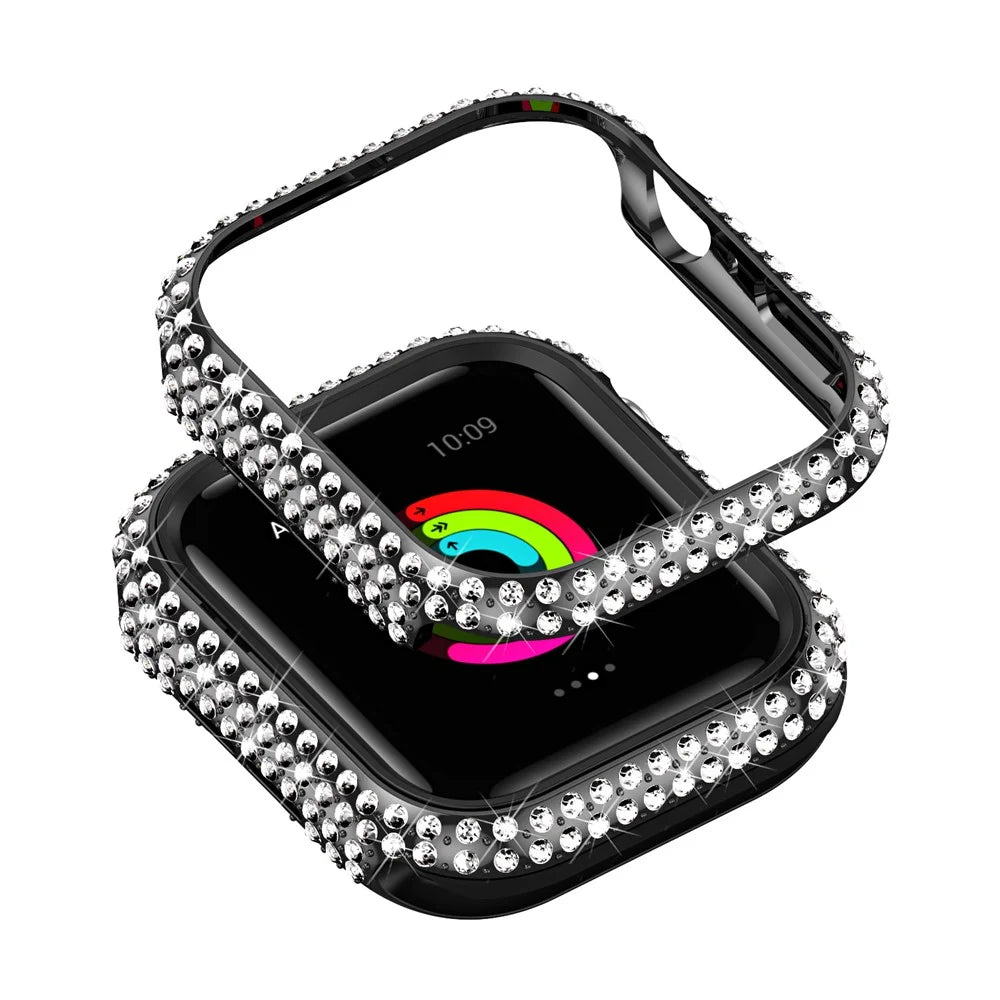 Watch Case for Apple Watch Series 9 / 8 / 7 45mm PC TPU Electroplated Watch Cover with Rhinestone Decor - Black - 2