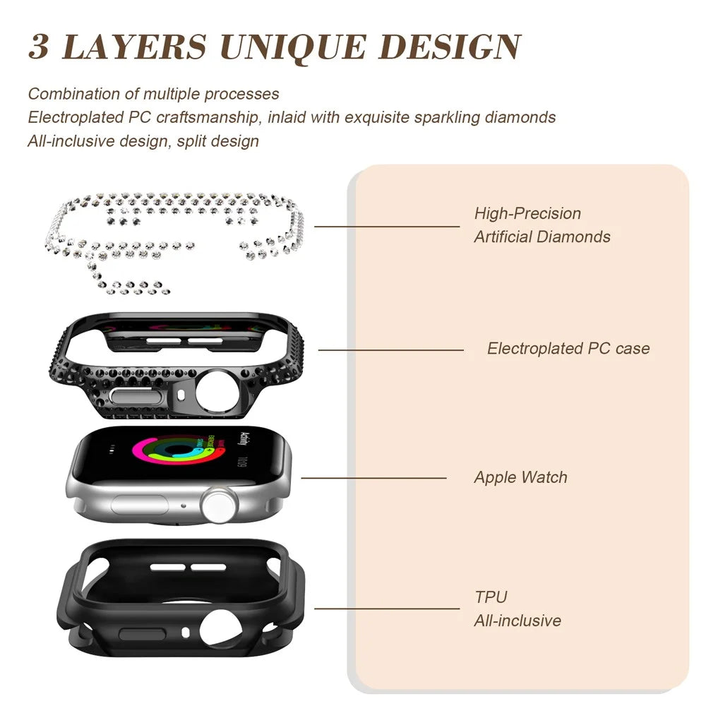 Watch Case for Apple Watch Series 9 / 8 / 7 45mm PC TPU Electroplated Watch Cover with Rhinestone Decor - Black - 6