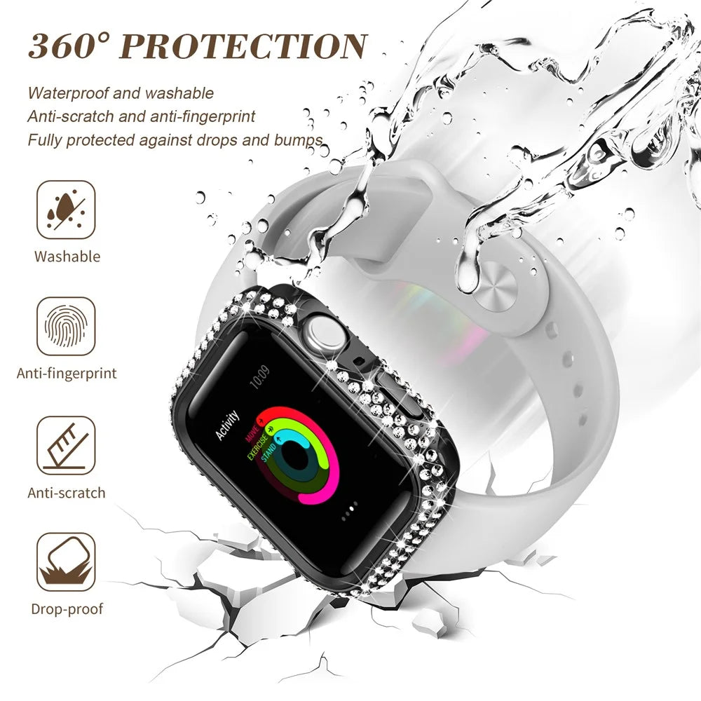 Watch Case for Apple Watch Series 9 / 8 / 7 45mm PC TPU Electroplated Watch Cover with Rhinestone Decor - Black - 7