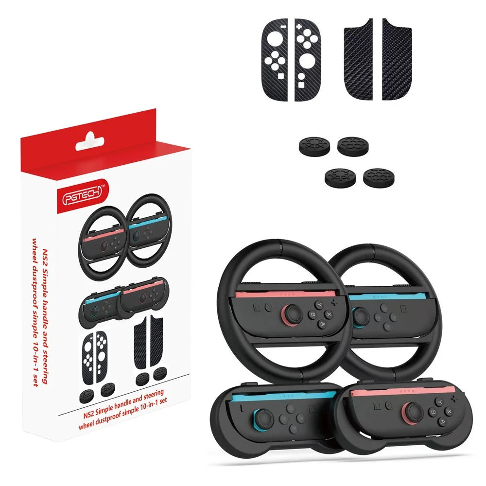 PGTECH GP-393 For Nintendo Switch 2 10 in 1 Controller Accessory Kit Joystick Caps Steering Wheel Grip Handle and Sticker Set - 1