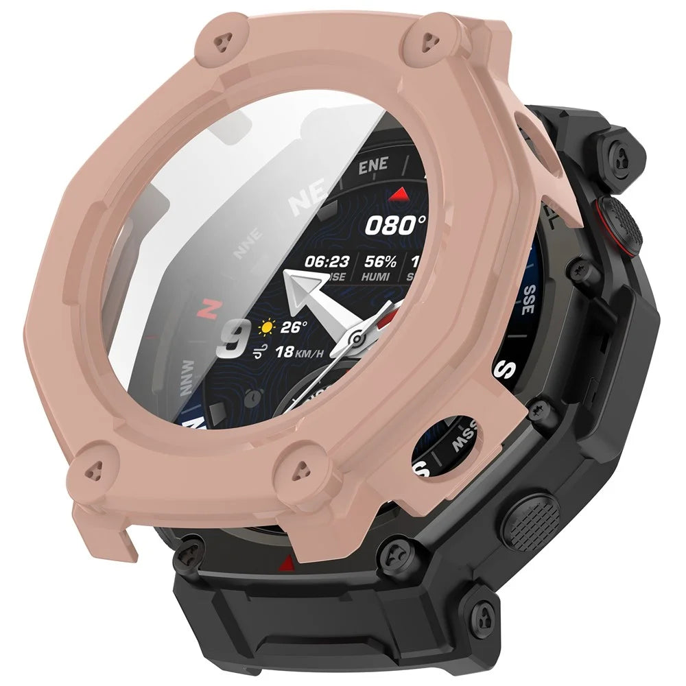 For Huami Amazfit T-Rex 3 Pro 48mm Watch Case PC Frame Cover with Tempered Glass Screen Film - Pink - 1