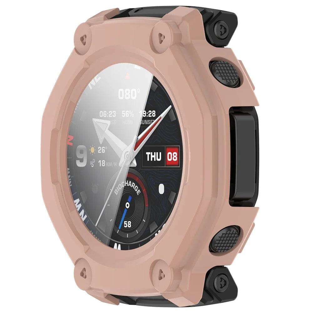 For Huami Amazfit T-Rex 3 Pro 48mm Watch Case PC Frame Cover with Tempered Glass Screen Film - Pink - 5