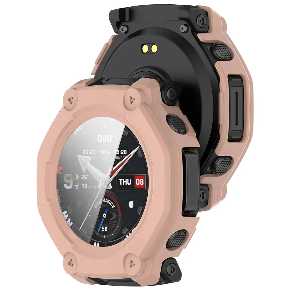 For Huami Amazfit T-Rex 3 Pro 48mm Watch Case PC Frame Cover with Tempered Glass Screen Film - Pink - 6