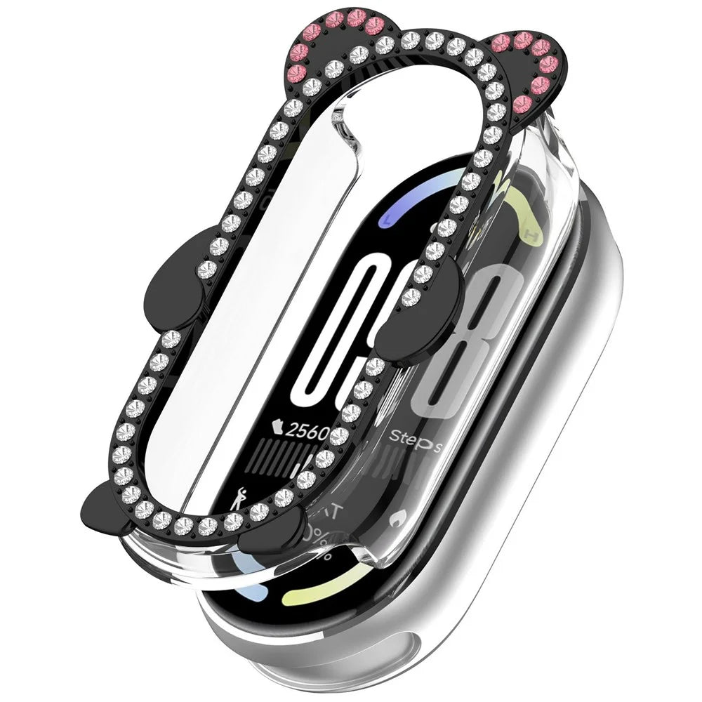 Watch Case For Xiaomi Smart Band 9  /  9 NFC Rhinestones Bear Design PC Zinc Alloy Semi-Enclosed Hollow Protective Cover - Transparent Black - 1