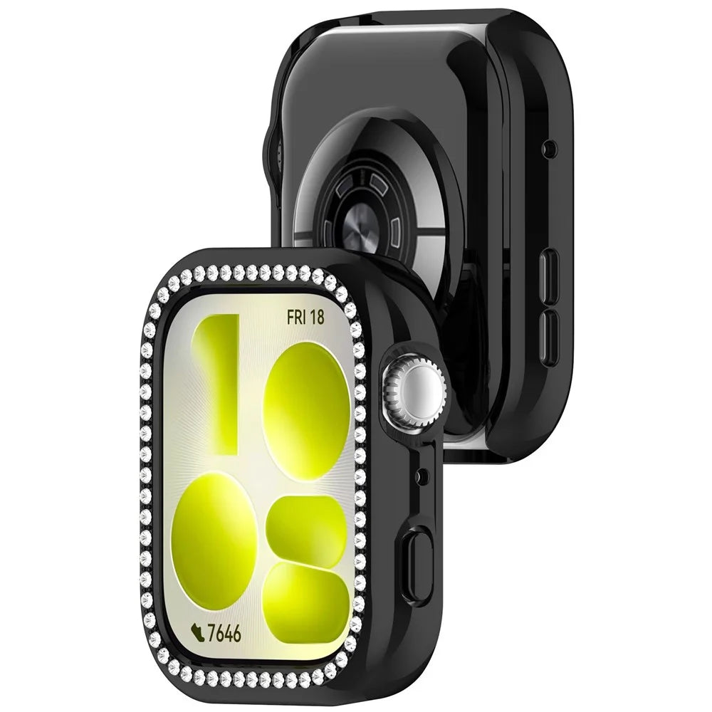 For Huawei Watch Fit 5 Case Rhinestones Decor Clear PC Watch Frame Half Cover - Electroplated Black - 2