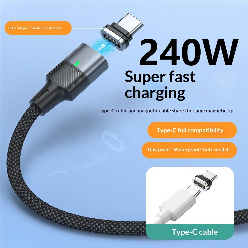240W 1.2m Magnetic USB-C Cable 120Gbps Thunderbolt 5 Data Transfer Dustproof Type-C Charging Cable - Straight Connector - 2