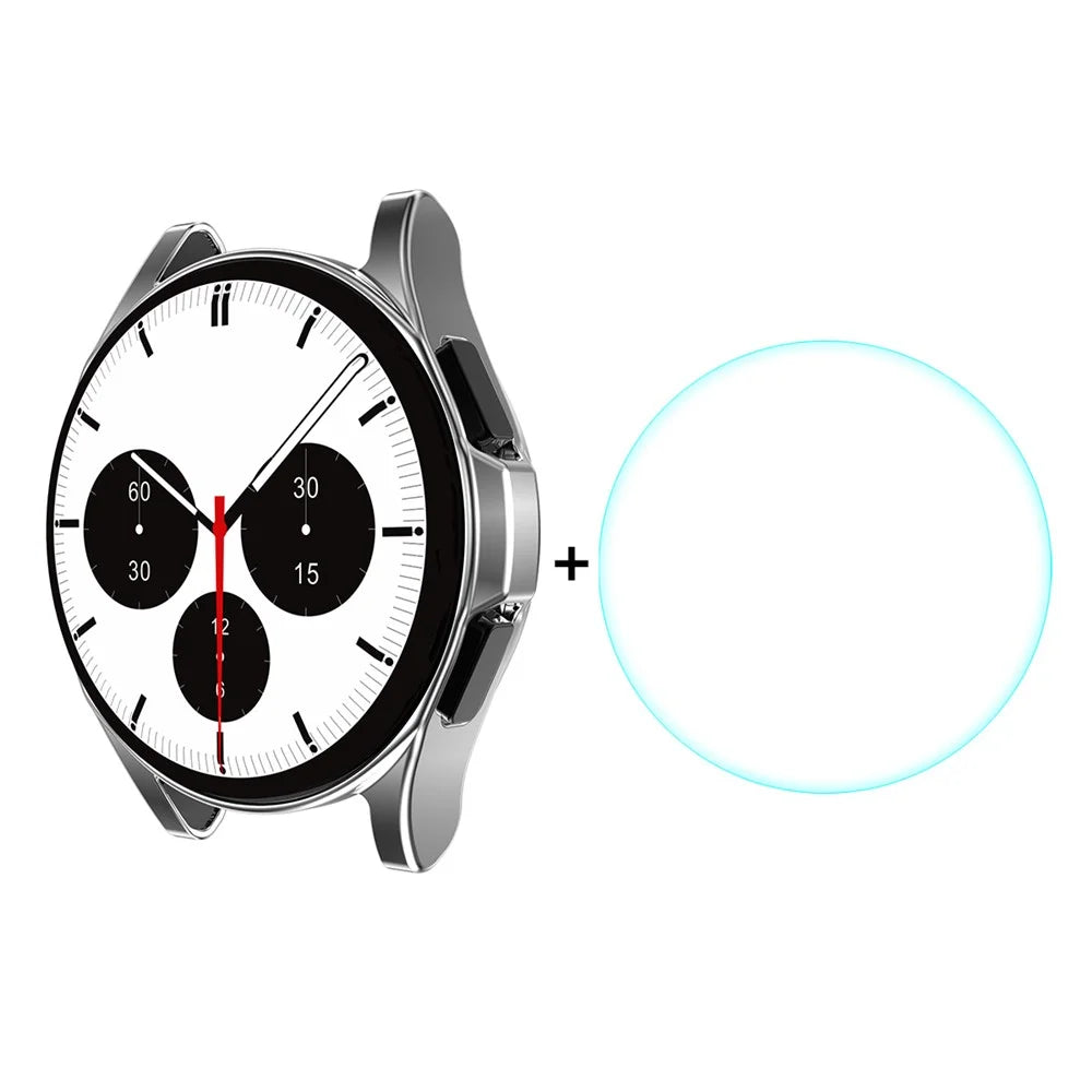 ENKAY HAT PRINCE 2-in-1 0.2mm 2.15D 9H Tempered Glass Screen Film with Electroplating TPU Smart Watch Case for Samsung Galaxy Watch4 Classic 46mm - Silver - 1