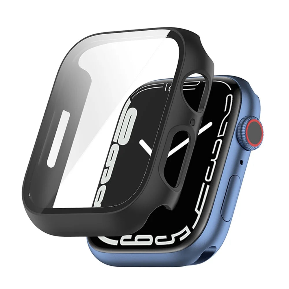 For Apple Watch Series 9 / 8 / 7 41mm Drop-proof PC Frame with Tempered Glass Screen Protector Integrated Watch Case - Black - 1