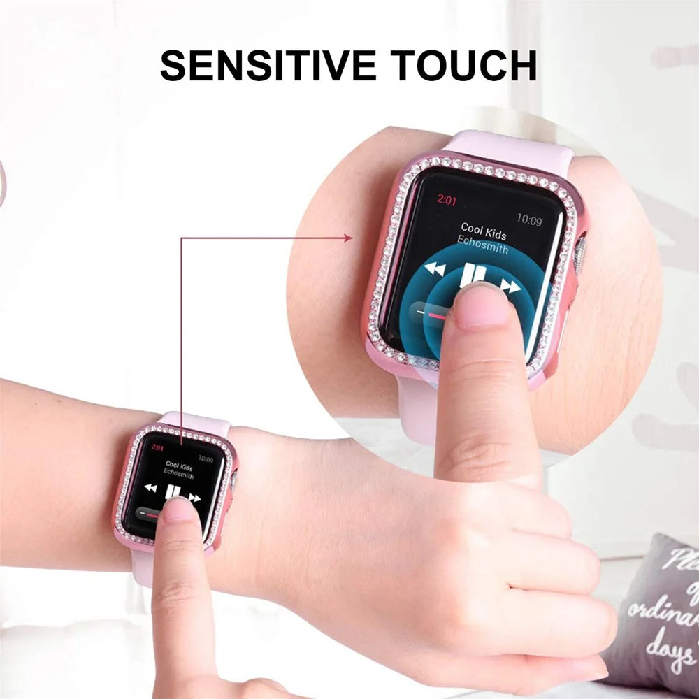 ENKAY HAT PRINCE Electroplating Rhinestone PC Hard Watch Case Cover with PET Full Screen Protector for Apple Watch Series 9 / 8 / 7 45mm - Pink - 6