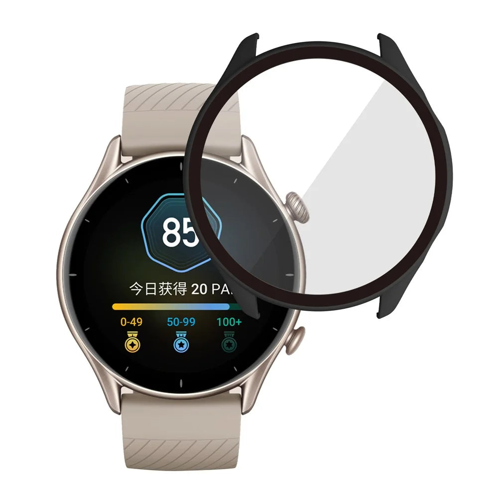 For Huami Amazfit GTR 3/GTR 3 Pro Overall Hard PC Case with HD Tempered Glass Screen Protector - Black - 1