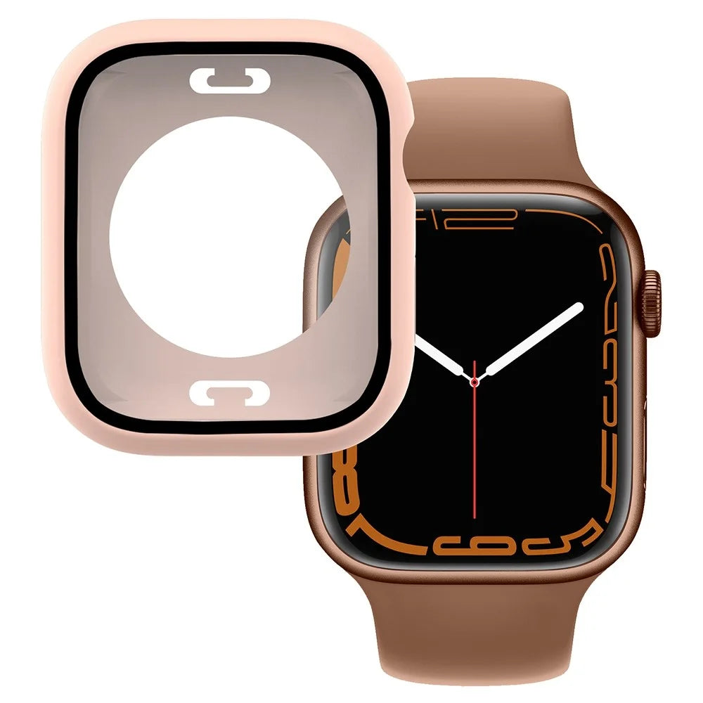 For Apple Watch Series 9 / 8 / 7 45mm Anti-scratch Tempered Glass Screen Protector Waterproof PC Watch Case with Back Cover - Pink - 1
