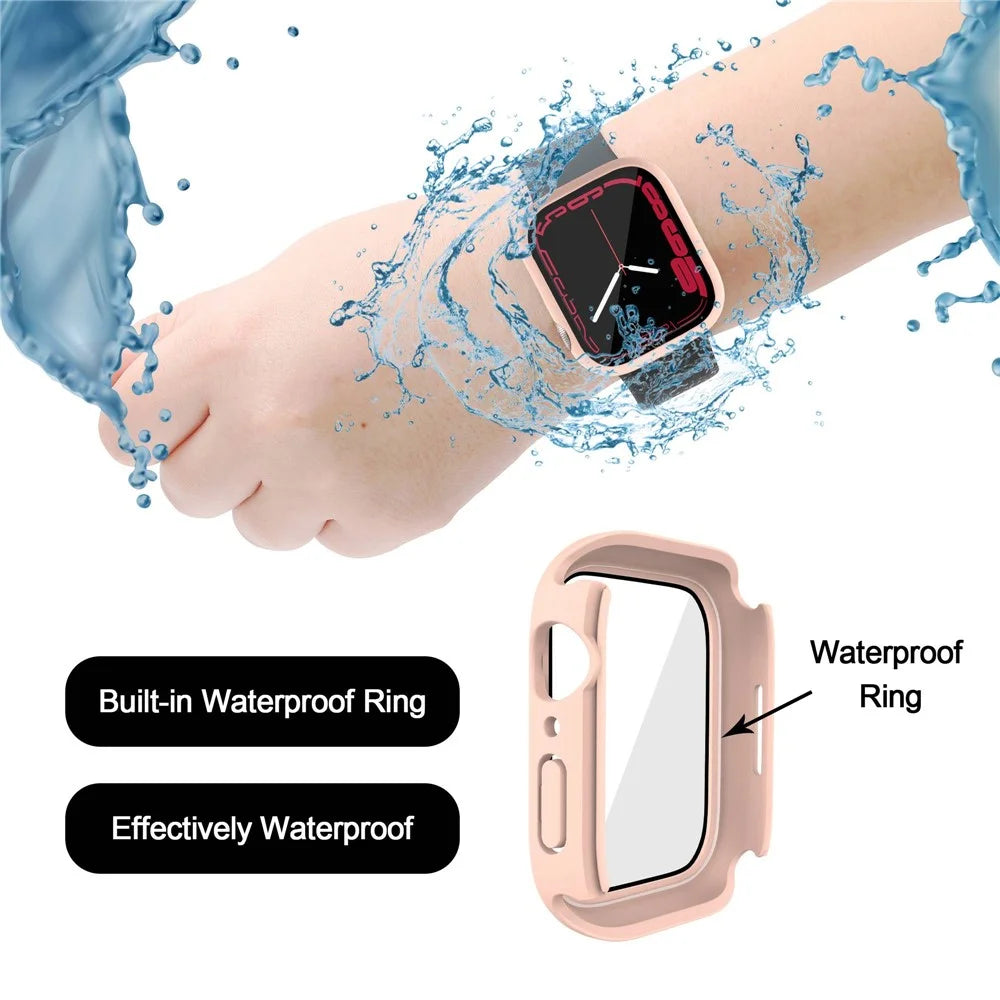 For Apple Watch Series 9 / 8 / 7 45mm Anti-scratch Tempered Glass Screen Protector Waterproof PC Watch Case with Back Cover - Pink - 4