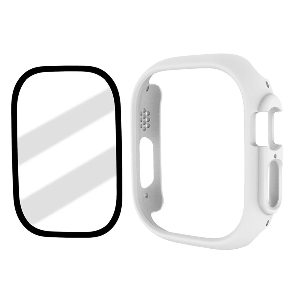 For Apple Watch Ultra 3 / Ultra 2 / Ultra 49mm Rubberized Matte Hard PC Case Anti-Scratch Bumper Frame Cover with Tempered Glass Film - White - 1