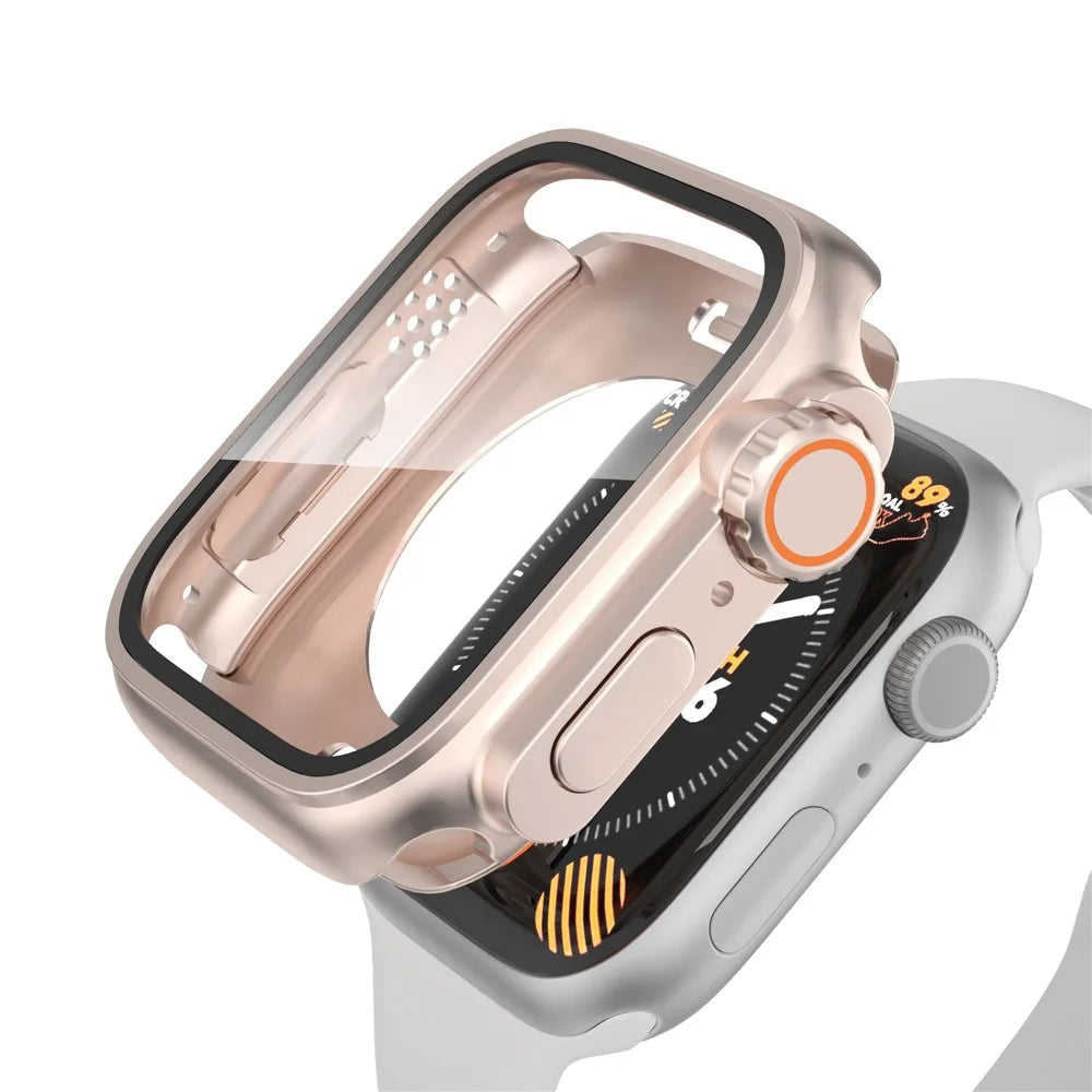 For Apple Watch Series 9 / 8 / 7 41mm Waterproof Case Ultra-Thin Shockproof Hard PC Cover with Tempered Glass Screen Protector - Rose Gold - 1