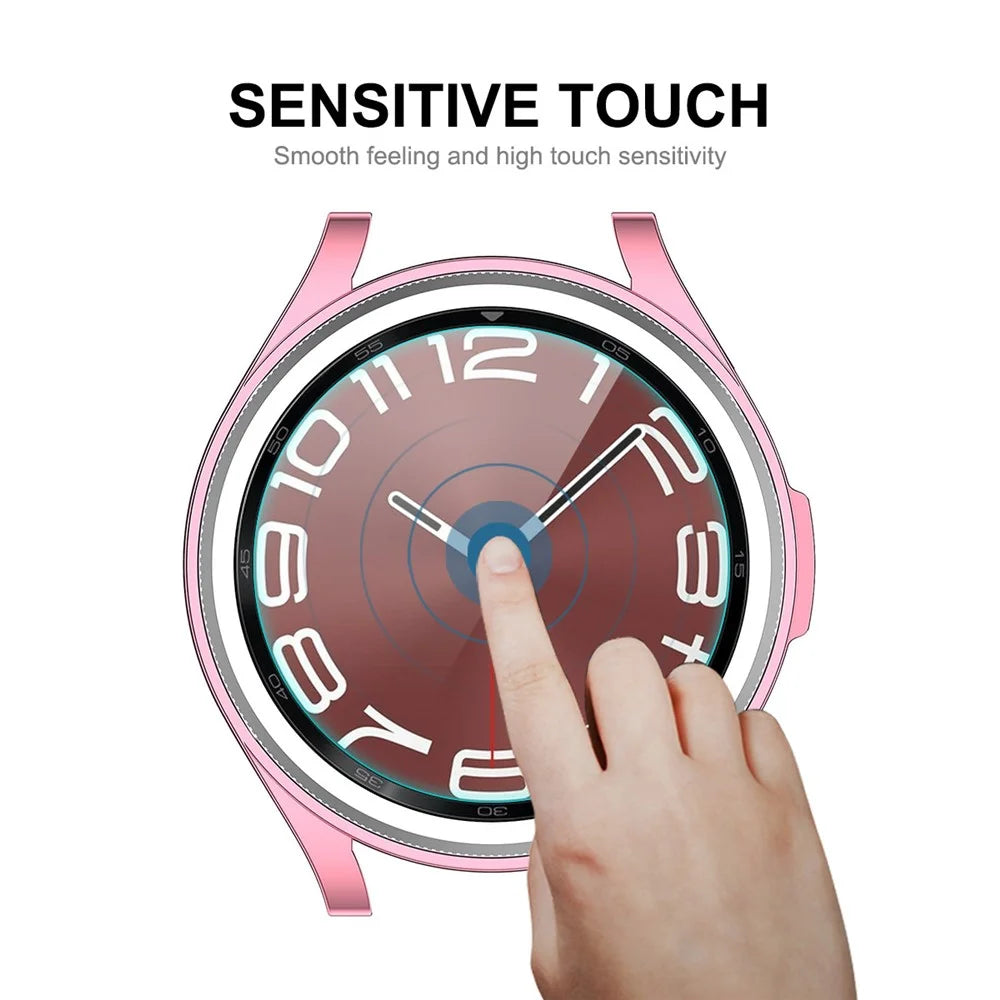 ENKAY HAT PRINCE For Samsung Galaxy Watch6 Classic 47mm Half-Cover Watch Case Electroplating TPU Frame with 0.2mm 9H Tempered Glass Screen Film - Pink - 3