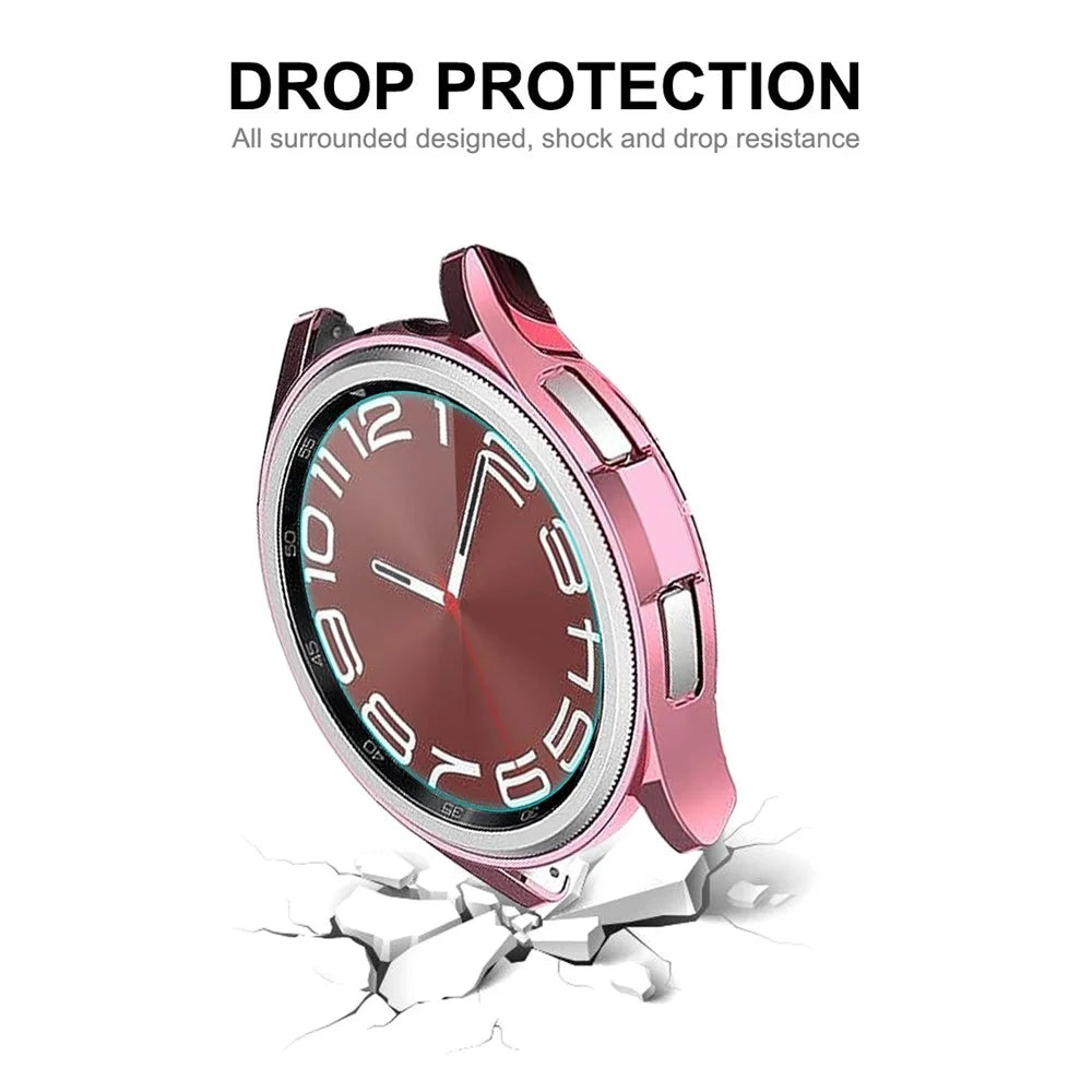 ENKAY HAT PRINCE For Samsung Galaxy Watch6 Classic 47mm Half-Cover Watch Case Electroplating TPU Frame with 0.2mm 9H Tempered Glass Screen Film - Pink - 6
