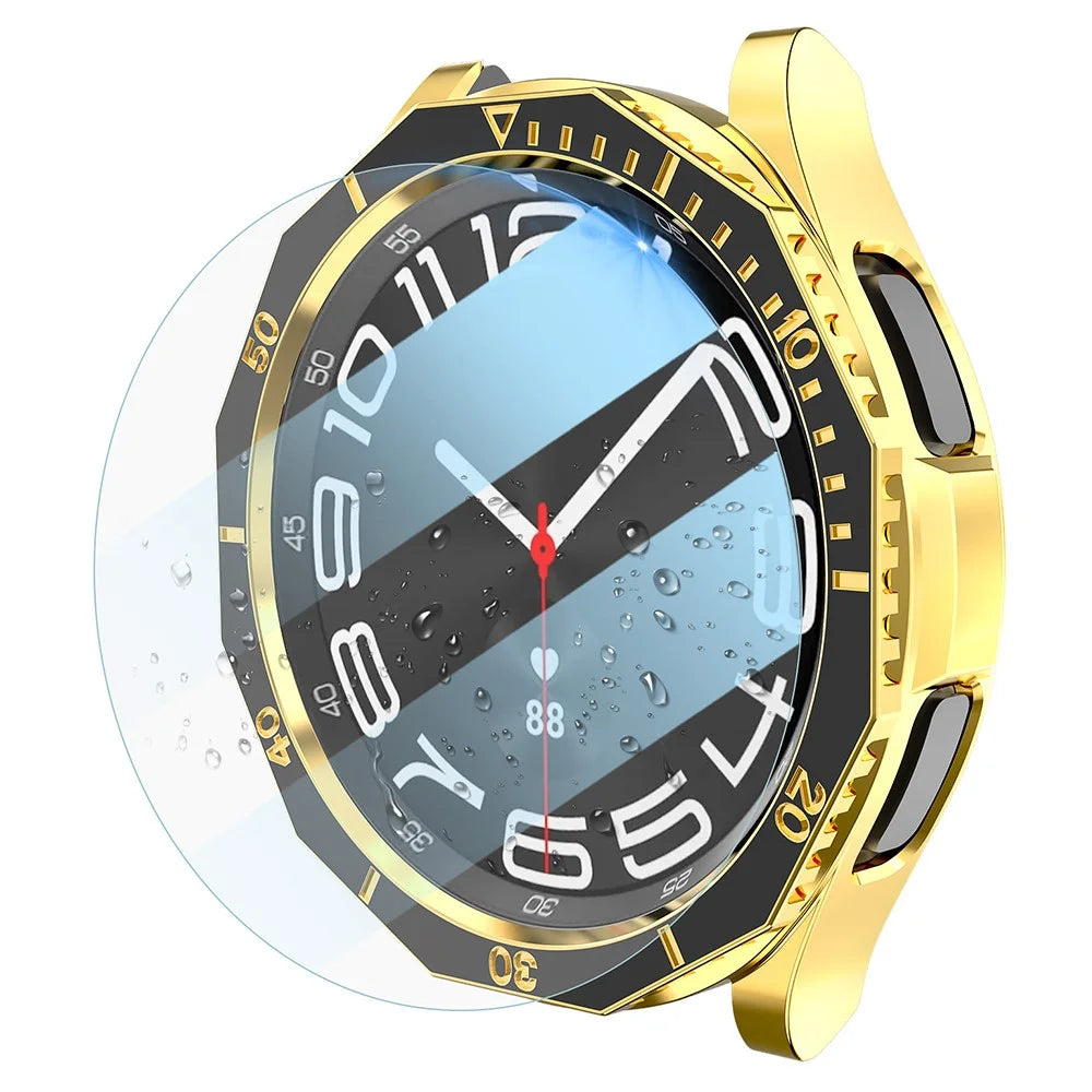 For Samsung Galaxy Watch6 Classic 43mm PC Case with Tempered Glass Film+Dial Bezel Ring Watch Case Cover - Black+Gold - 1
