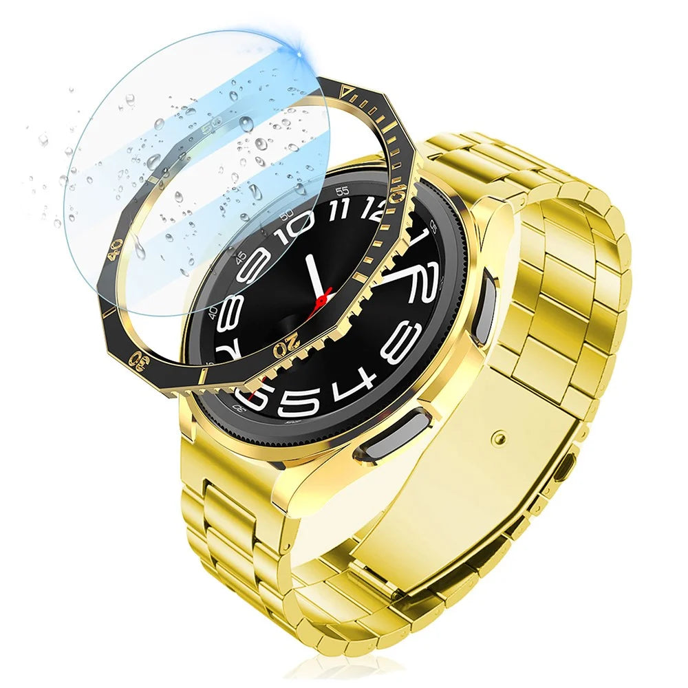For Samsung Galaxy Watch6 Classic 43mm PC Case with Tempered Glass Film+Dial Bezel Ring Watch Case Cover - Black+Gold - 2