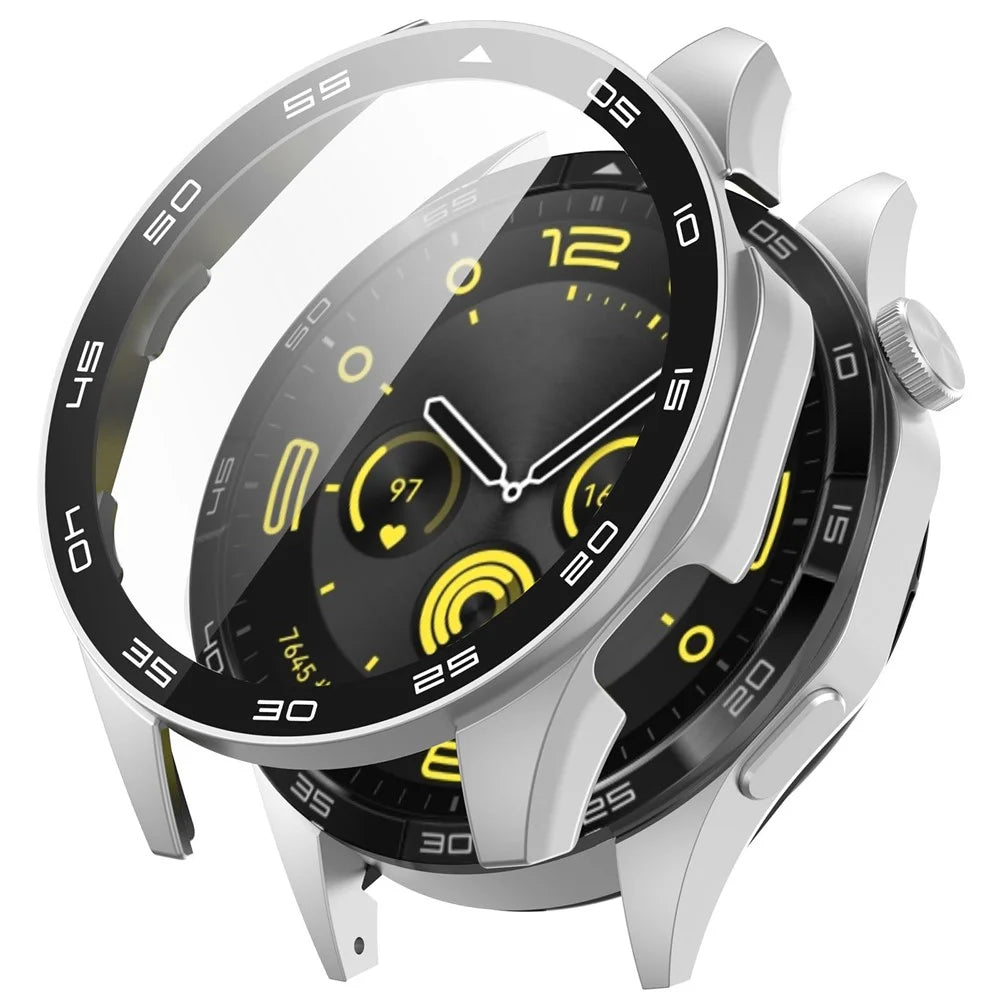 For Huawei Watch GT 4 46mm Watch Case Tempered Glass Screen Protector PC Frame Cover with Dial Plate - Silver - 1