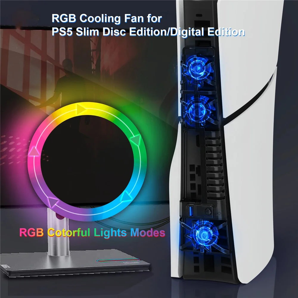 JYS P5175 For Sony PS5 Slim Cooling Fan Game Console Heat Dissipation RGB Effect Light Cooler Fan - 2
