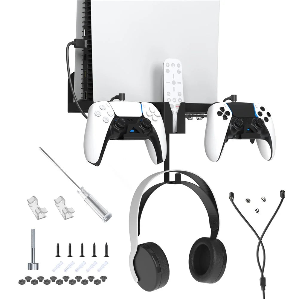 JYS JYS-P5173 Multi-Function Wall Mount Kit for Sony PS5 Game Console Controller Holder with 2-in-1 Magnetic Charging Cable - Black - 1