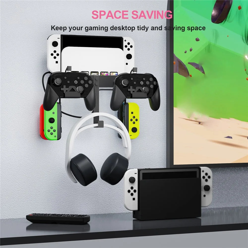 JYS JYS-NS252 For Nintendo Switch / Switch OLED Game Console Controller Headset Wall Mount Kit 2-in-1 Bracket - Black - 2