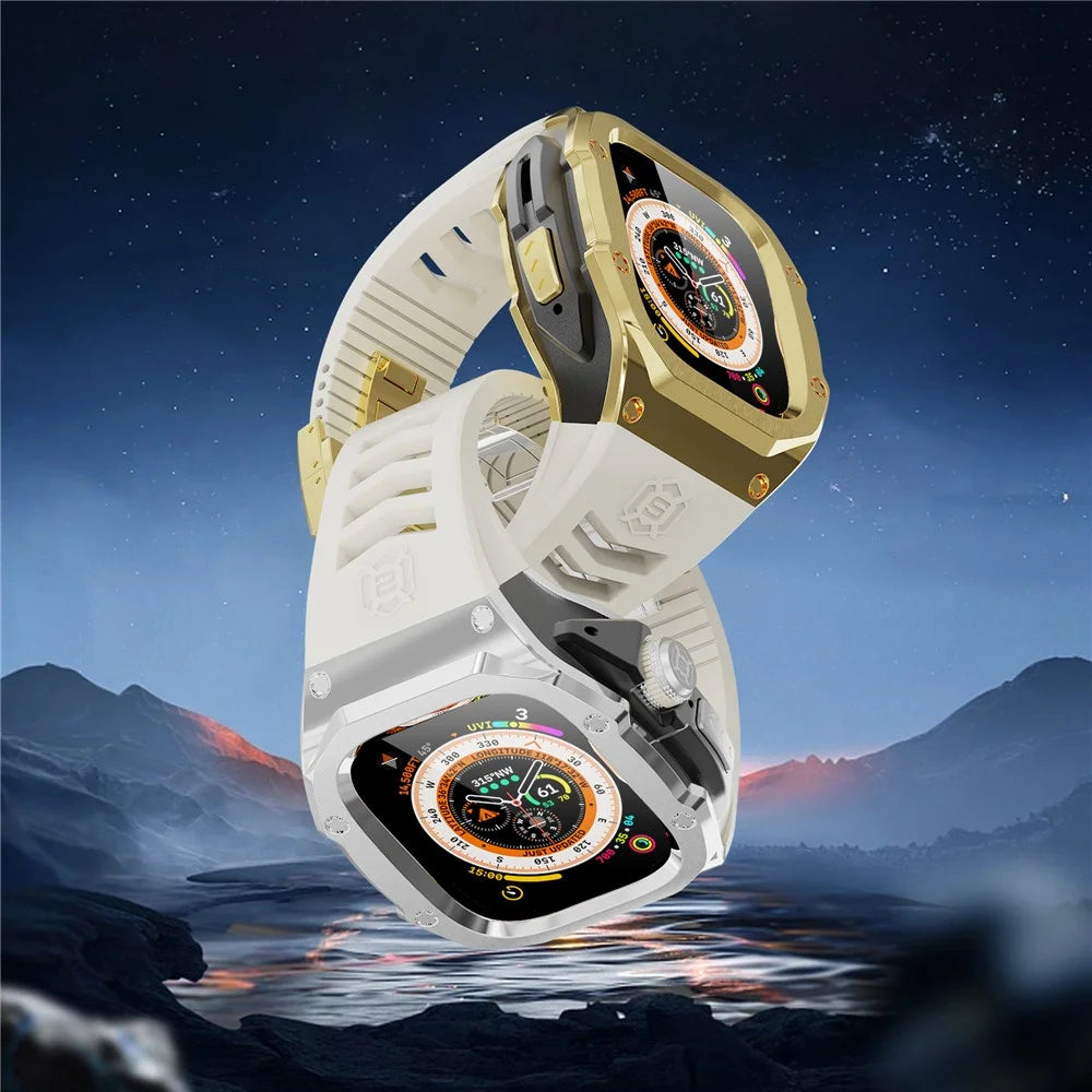 SHELLBOX For Apple Watch Ultra 3 / Ultra 2 / Ultra 49mm Metal Frame Case Smartwatch Strap - Gold+Black+White - 6
