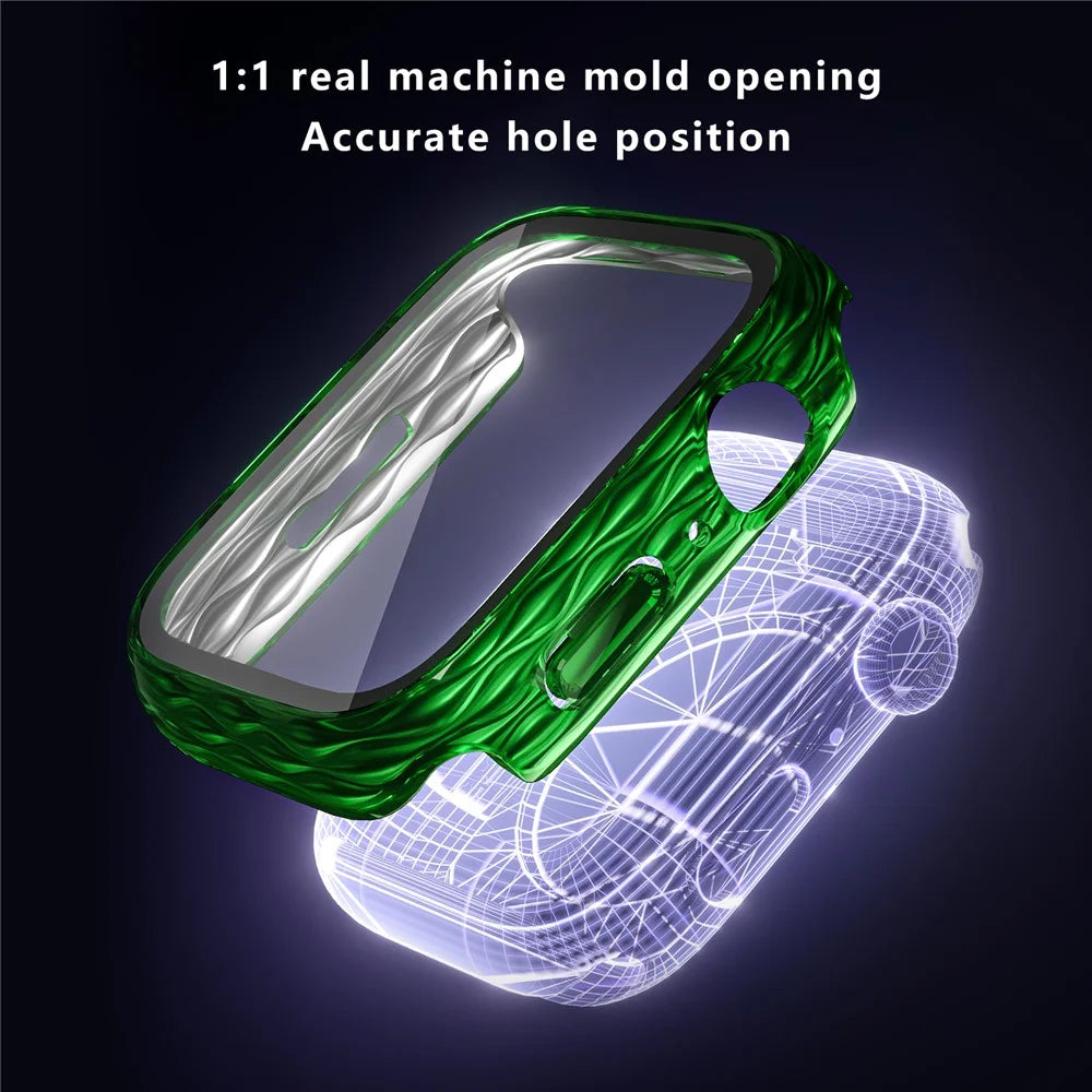 For Apple Watch Series 9 / 8 / 7 41mm Watch Frame Hard PC Wavy Texture Cover with Tempered Film - Transparent Green - 2
