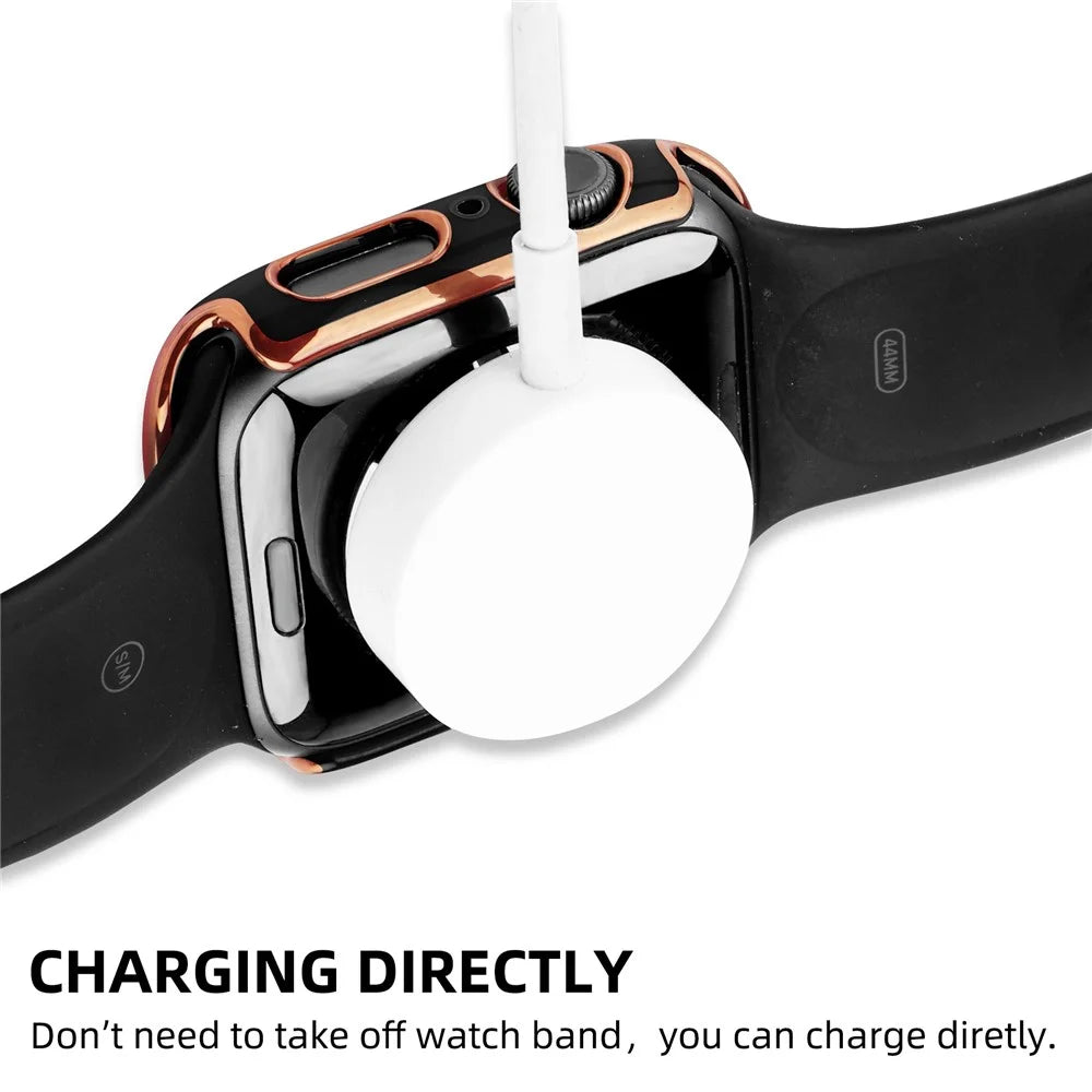 For Apple Watch Series 9 / 8 / 7 45mm Dual Color Electroplating Watch Case Built-in Tempered Glass Screen Protector Hard PC Overall Protective Cover - Black / Gold - 3
